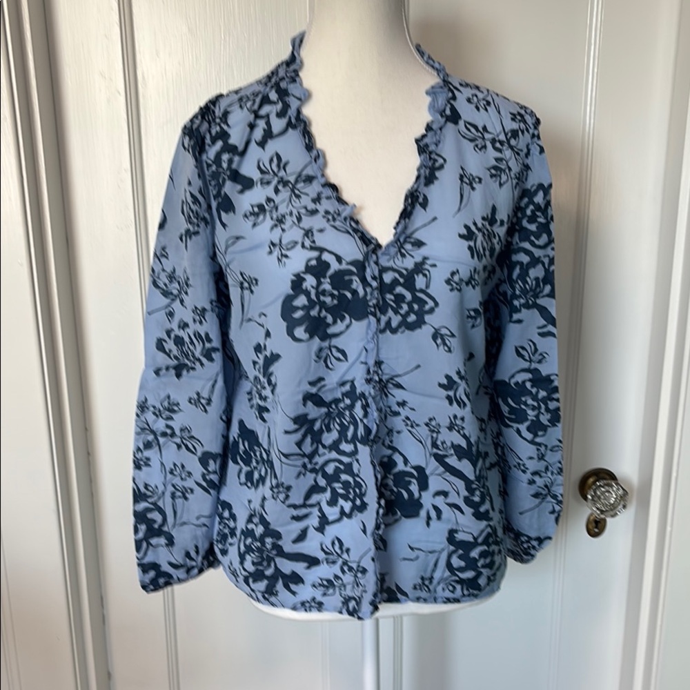 Ann Taylor Blue Ruffled Long Sleeve Blouse